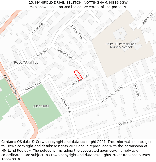 15, MANIFOLD DRIVE, SELSTON, NOTTINGHAM, NG16 6GW: Location map and indicative extent of plot