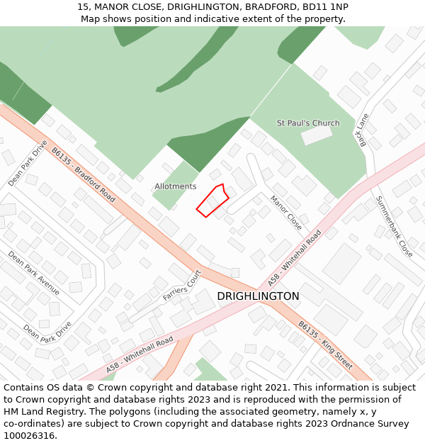 15, MANOR CLOSE, DRIGHLINGTON, BRADFORD, BD11 1NP: Location map and indicative extent of plot