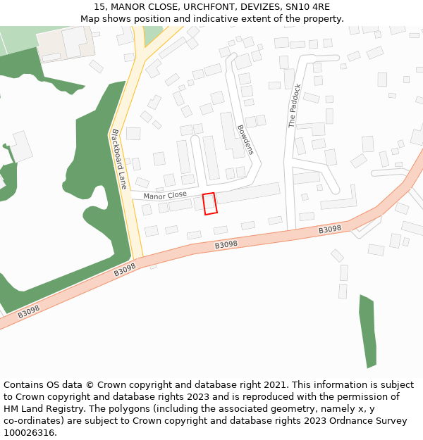 15, MANOR CLOSE, URCHFONT, DEVIZES, SN10 4RE: Location map and indicative extent of plot