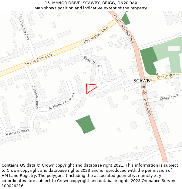 15, MANOR DRIVE, SCAWBY, BRIGG, DN20 9AX: Location map and indicative extent of plot