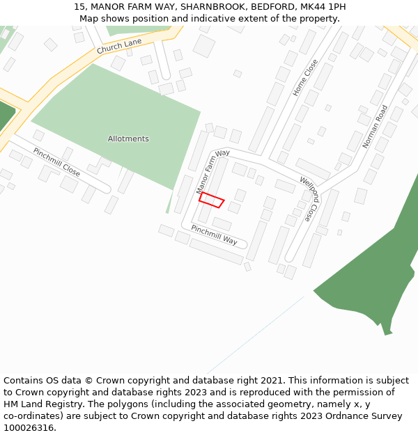 15, MANOR FARM WAY, SHARNBROOK, BEDFORD, MK44 1PH: Location map and indicative extent of plot