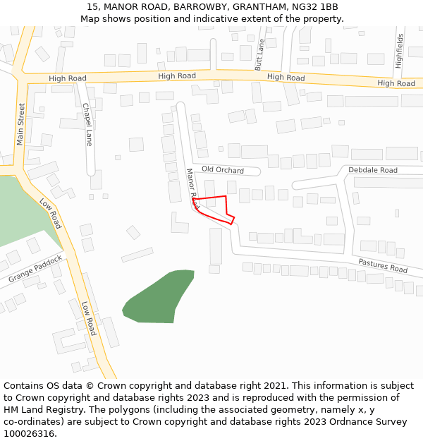 15, MANOR ROAD, BARROWBY, GRANTHAM, NG32 1BB: Location map and indicative extent of plot