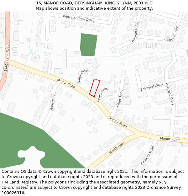 15, MANOR ROAD, DERSINGHAM, KING'S LYNN, PE31 6LD: Location map and indicative extent of plot