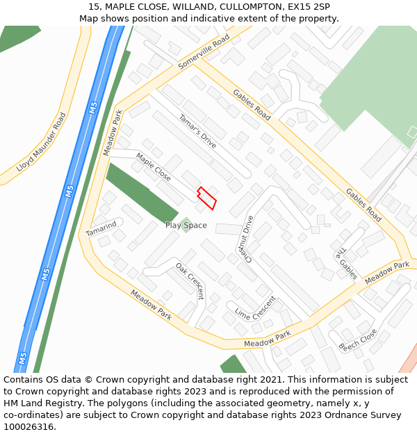 15, MAPLE CLOSE, WILLAND, CULLOMPTON, EX15 2SP: Location map and indicative extent of plot