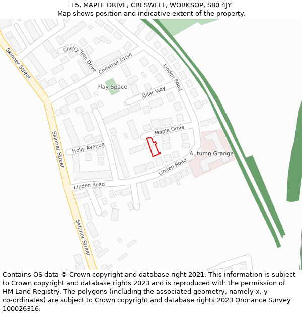 15, MAPLE DRIVE, CRESWELL, WORKSOP, S80 4JY: Location map and indicative extent of plot