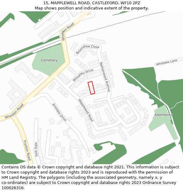 15, MAPPLEWELL ROAD, CASTLEFORD, WF10 2PZ: Location map and indicative extent of plot