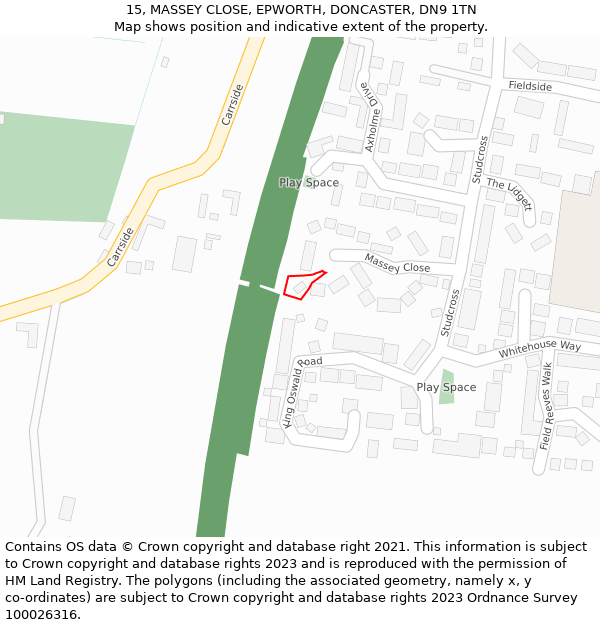 15, MASSEY CLOSE, EPWORTH, DONCASTER, DN9 1TN: Location map and indicative extent of plot