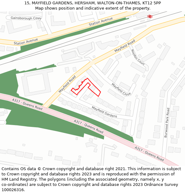 15, MAYFIELD GARDENS, HERSHAM, WALTON-ON-THAMES, KT12 5PP: Location map and indicative extent of plot