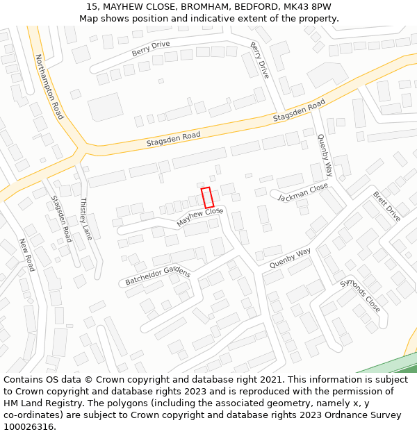 15, MAYHEW CLOSE, BROMHAM, BEDFORD, MK43 8PW: Location map and indicative extent of plot