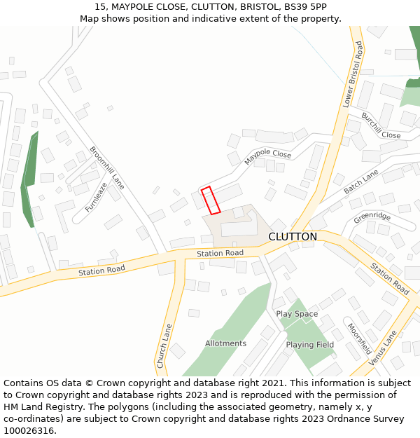 15, MAYPOLE CLOSE, CLUTTON, BRISTOL, BS39 5PP: Location map and indicative extent of plot