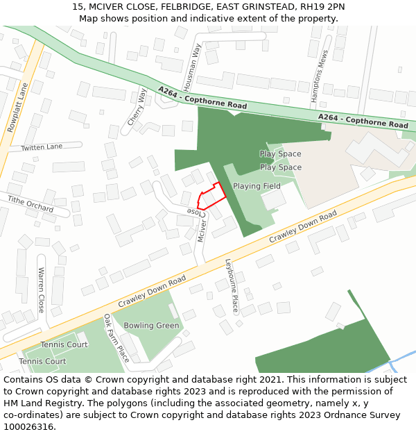 15, MCIVER CLOSE, FELBRIDGE, EAST GRINSTEAD, RH19 2PN: Location map and indicative extent of plot