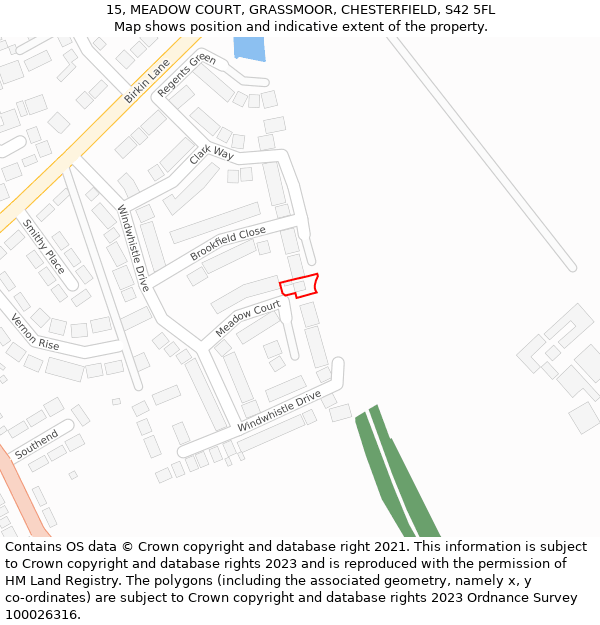 15, MEADOW COURT, GRASSMOOR, CHESTERFIELD, S42 5FL: Location map and indicative extent of plot