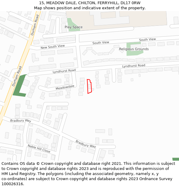 15, MEADOW DALE, CHILTON, FERRYHILL, DL17 0RW: Location map and indicative extent of plot