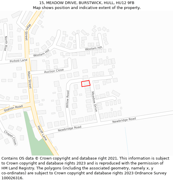 15, MEADOW DRIVE, BURSTWICK, HULL, HU12 9FB: Location map and indicative extent of plot