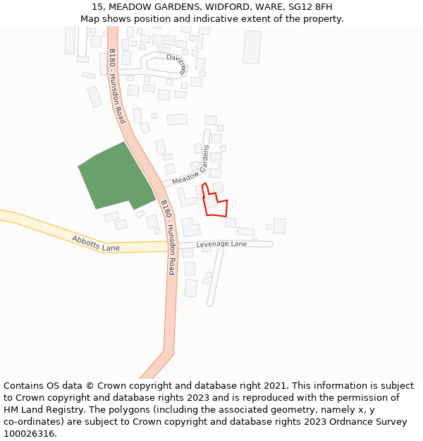 15, MEADOW GARDENS, WIDFORD, WARE, SG12 8FH: Location map and indicative extent of plot