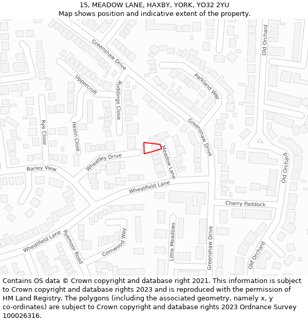 15, MEADOW LANE, HAXBY, YORK, YO32 2YU: Location map and indicative extent of plot