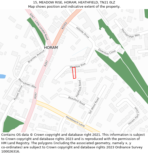 15, MEADOW RISE, HORAM, HEATHFIELD, TN21 0LZ: Location map and indicative extent of plot