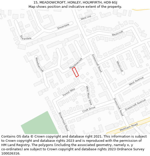 15, MEADOWCROFT, HONLEY, HOLMFIRTH, HD9 6GJ: Location map and indicative extent of plot