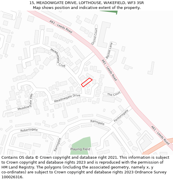 15, MEADOWGATE DRIVE, LOFTHOUSE, WAKEFIELD, WF3 3SR: Location map and indicative extent of plot