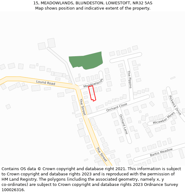 15, MEADOWLANDS, BLUNDESTON, LOWESTOFT, NR32 5AS: Location map and indicative extent of plot