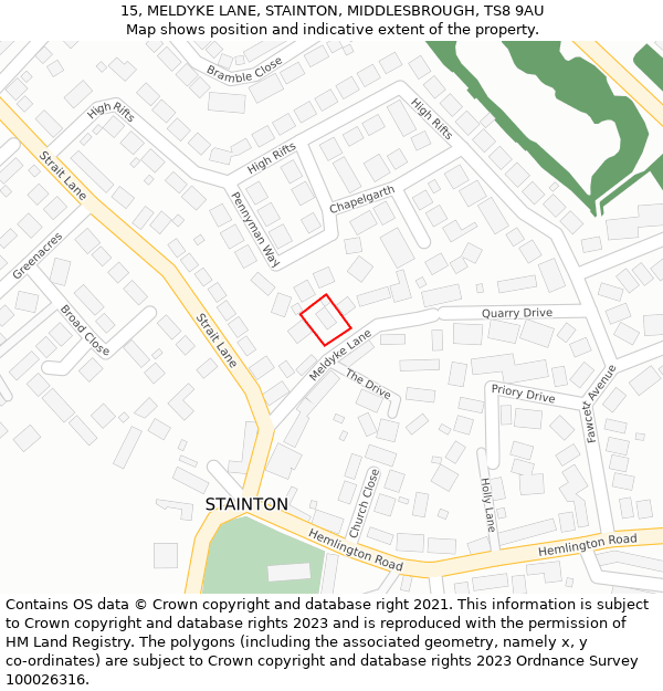15, MELDYKE LANE, STAINTON, MIDDLESBROUGH, TS8 9AU: Location map and indicative extent of plot