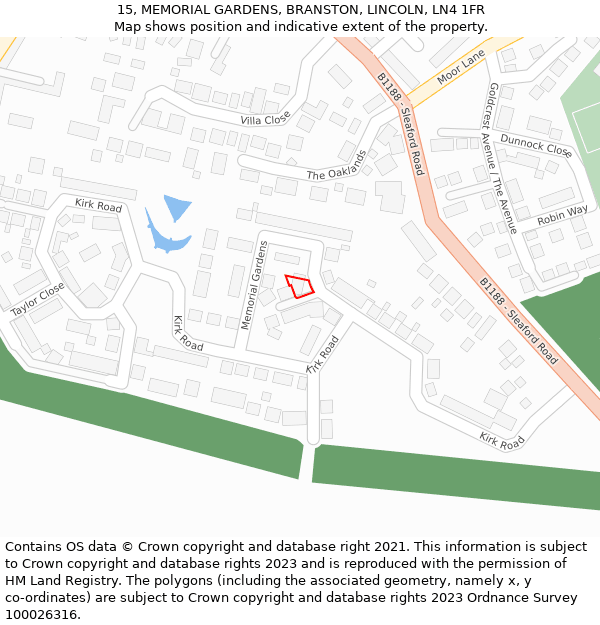 15, MEMORIAL GARDENS, BRANSTON, LINCOLN, LN4 1FR: Location map and indicative extent of plot