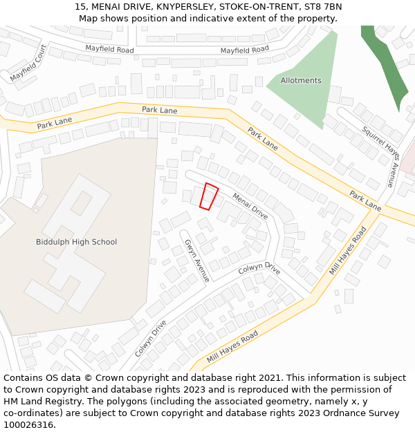 15, MENAI DRIVE, KNYPERSLEY, STOKE-ON-TRENT, ST8 7BN: Location map and indicative extent of plot