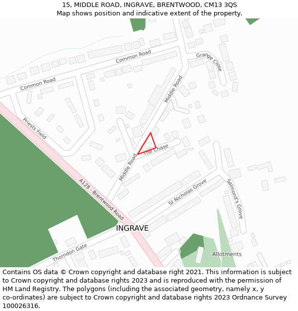 15, MIDDLE ROAD, INGRAVE, BRENTWOOD, CM13 3QS: Location map and indicative extent of plot