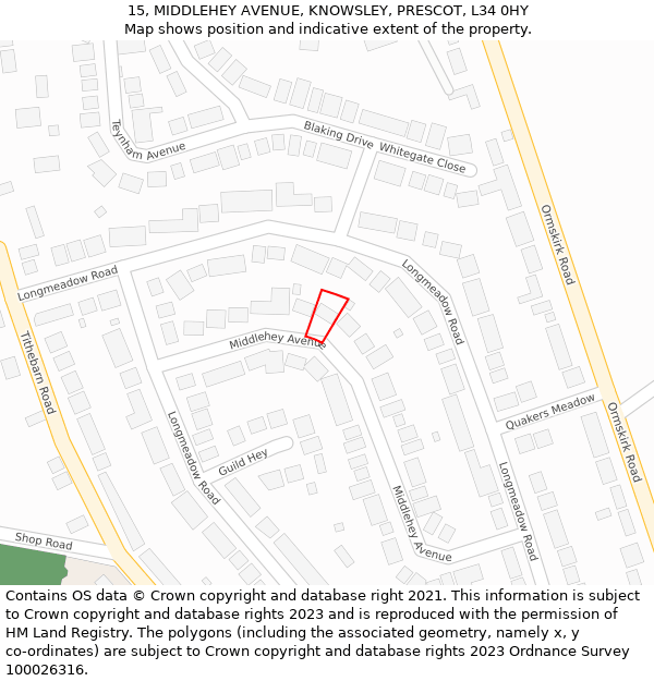 15, MIDDLEHEY AVENUE, KNOWSLEY, PRESCOT, L34 0HY: Location map and indicative extent of plot