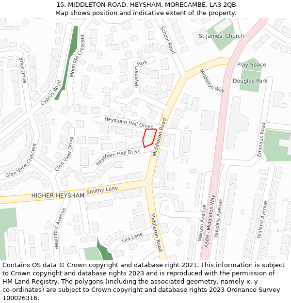 15, MIDDLETON ROAD, HEYSHAM, MORECAMBE, LA3 2QB: Location map and indicative extent of plot