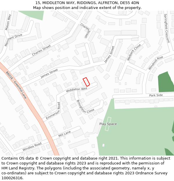 15, MIDDLETON WAY, RIDDINGS, ALFRETON, DE55 4DN: Location map and indicative extent of plot