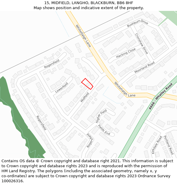 15, MIDFIELD, LANGHO, BLACKBURN, BB6 8HF: Location map and indicative extent of plot