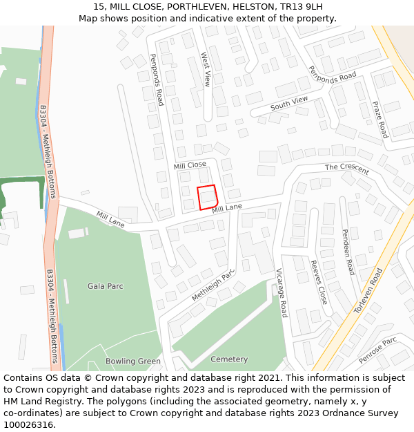 15, MILL CLOSE, PORTHLEVEN, HELSTON, TR13 9LH: Location map and indicative extent of plot