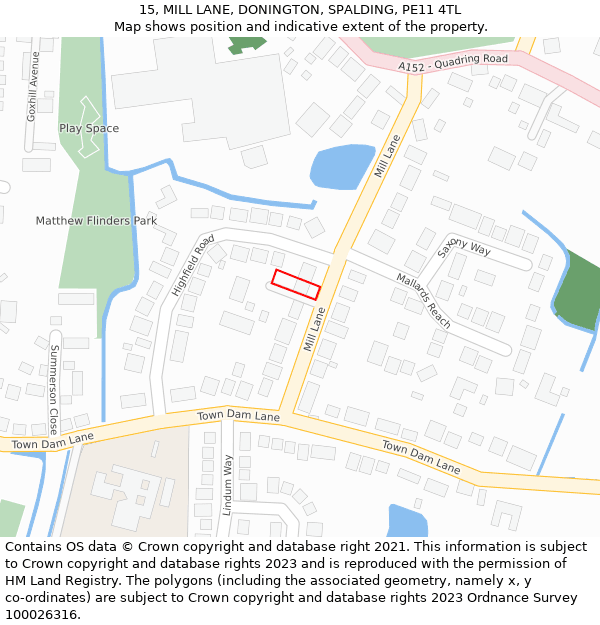 15, MILL LANE, DONINGTON, SPALDING, PE11 4TL: Location map and indicative extent of plot