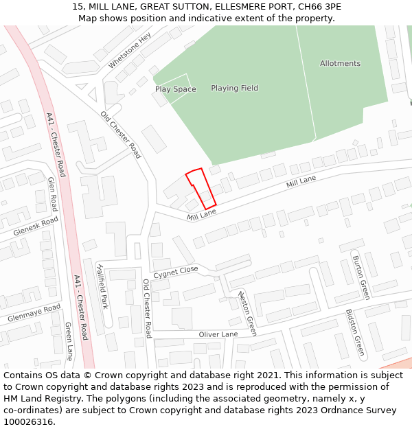 15, MILL LANE, GREAT SUTTON, ELLESMERE PORT, CH66 3PE: Location map and indicative extent of plot