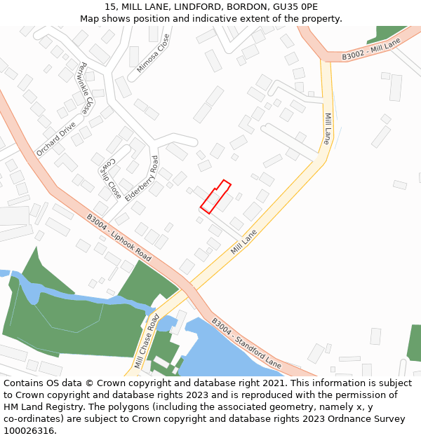 15, MILL LANE, LINDFORD, BORDON, GU35 0PE: Location map and indicative extent of plot