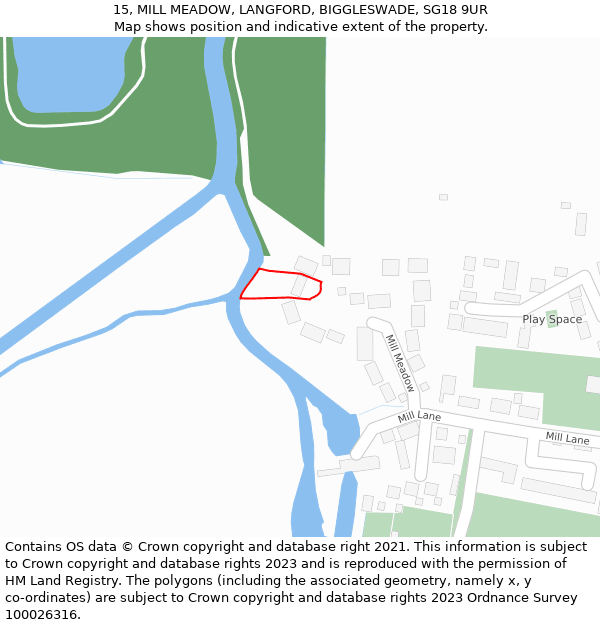 15, MILL MEADOW, LANGFORD, BIGGLESWADE, SG18 9UR: Location map and indicative extent of plot