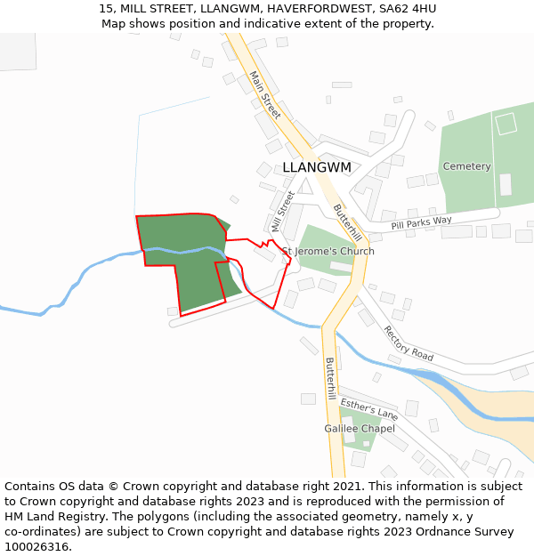 15, MILL STREET, LLANGWM, HAVERFORDWEST, SA62 4HU: Location map and indicative extent of plot