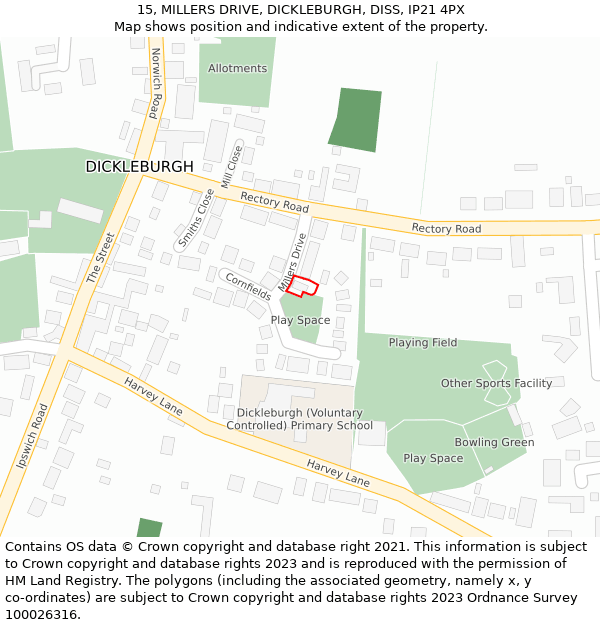 15, MILLERS DRIVE, DICKLEBURGH, DISS, IP21 4PX: Location map and indicative extent of plot