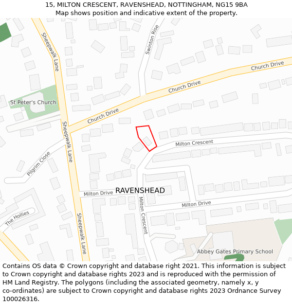 15, MILTON CRESCENT, RAVENSHEAD, NOTTINGHAM, NG15 9BA: Location map and indicative extent of plot