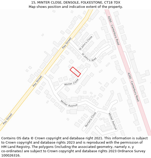 15, MINTER CLOSE, DENSOLE, FOLKESTONE, CT18 7DX: Location map and indicative extent of plot