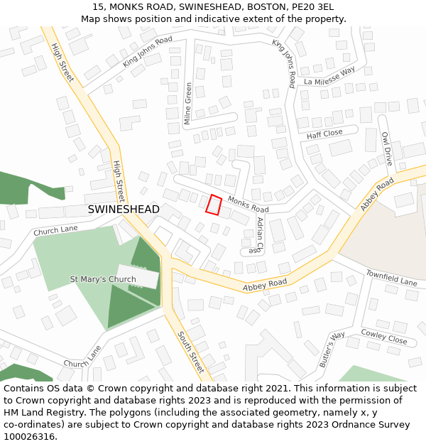 15, MONKS ROAD, SWINESHEAD, BOSTON, PE20 3EL: Location map and indicative extent of plot