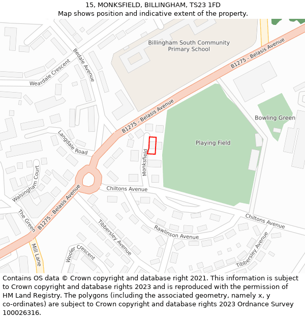 15, MONKSFIELD, BILLINGHAM, TS23 1FD: Location map and indicative extent of plot