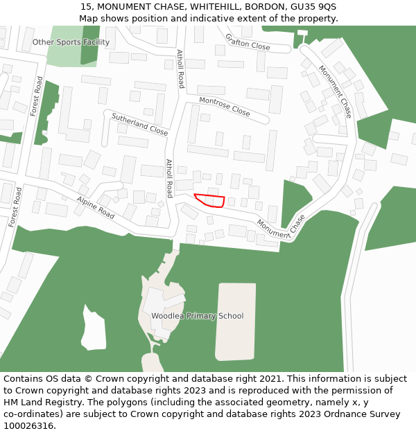 15, MONUMENT CHASE, WHITEHILL, BORDON, GU35 9QS: Location map and indicative extent of plot