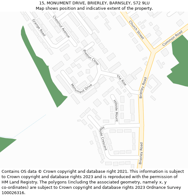 15, MONUMENT DRIVE, BRIERLEY, BARNSLEY, S72 9LU: Location map and indicative extent of plot