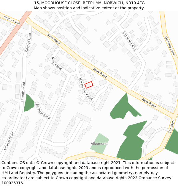 15, MOORHOUSE CLOSE, REEPHAM, NORWICH, NR10 4EG: Location map and indicative extent of plot