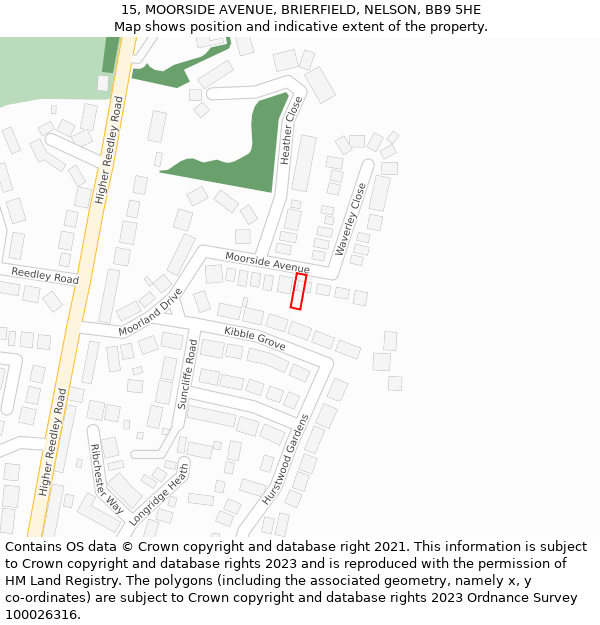 15, MOORSIDE AVENUE, BRIERFIELD, NELSON, BB9 5HE: Location map and indicative extent of plot