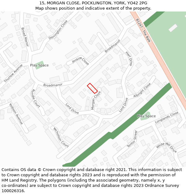 15, MORGAN CLOSE, POCKLINGTON, YORK, YO42 2PG: Location map and indicative extent of plot