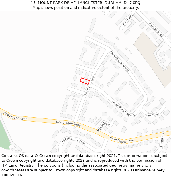 15, MOUNT PARK DRIVE, LANCHESTER, DURHAM, DH7 0PQ: Location map and indicative extent of plot