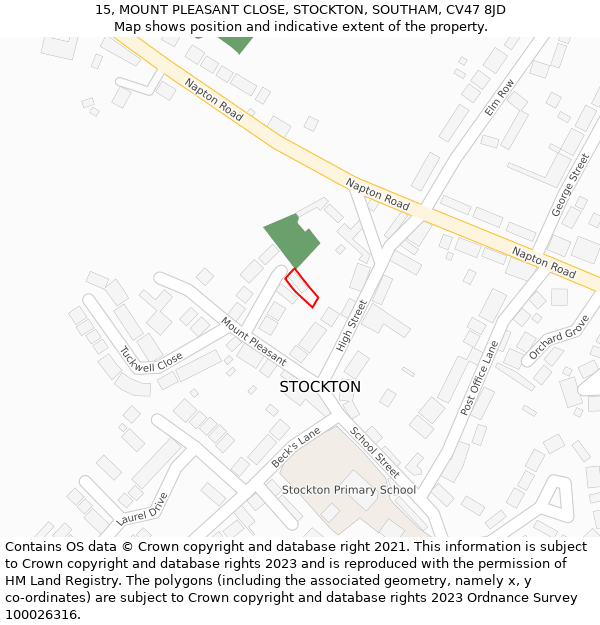 15, MOUNT PLEASANT CLOSE, STOCKTON, SOUTHAM, CV47 8JD: Location map and indicative extent of plot